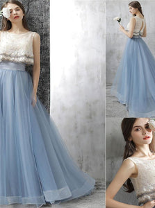 A Line Lace Sky Blue Open Back Applique Tulle Prom Dresses