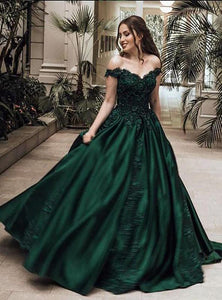 Classic Satin Dark Green Ball Gown Prom Dress with Off Shoulder GJS020