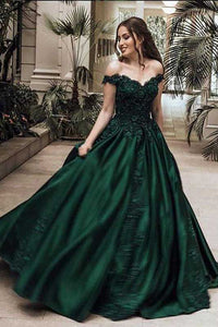 Classic Satin Dark Green Ball Gown Prom Dress with Off Shoulder GJS020