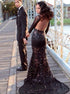 Backless Mermaid Black Lace Long Sleeves Prom dress LBQ0126