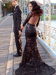 Backless Mermaid Black Lace Long Sleeves Prom dresses with Chapel Train