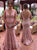 Mermaid V Neck Pink Lace Plus Size Prom Dress with Beadings