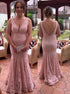 Pink Mermaid V Neck Lace Plus Size Prom Dress with Beadings LBQ0159
