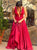 V Neck A Line Satin Open Back Sweep Train Prom Dresses