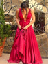 V Neck A Line Satin Open Back Prom Dresses LBQ0244