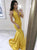 Sexy Mermaid Deep V Neck Sleeveless Sweep Train Yellow Satin Prom Dresses