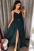 Dark Green Front Lace Spaghetti Straps Sleeveless Prom Dresses With Slit MOS18
