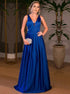 A Line V Neck Pleated Royal Blue Satin Prom Dress LBQ0273