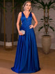 A Line V Neck Pleated Royal Blue Open Back Satin Prom Dresses 