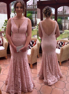 Mermaid V Neck Pink Lace Plus Size Open Back Prom Dresses with Beadings