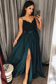Sexy Dark Green Front Lace Spaghetti Straps Sleeveless Prom Dresses With Slit
