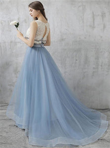 Lace Sky Blue Open Back Applique Scoop Prom Dresses with Floor Length