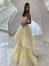 Pale Yellow A Line Spaghetti Straps Tulle Prom Dress LBQ1298