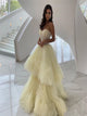 Pale Yellow A Line Spaghetti Straps Tulle Prom Dresses