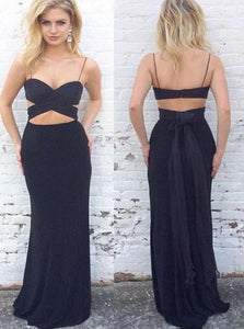 Sheath Black Spaghetti Straps Sweep Train Prom Dresses