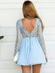 Open Back Blue Bateau Chiffon Homecoming Dress with Lace Long Sleeves