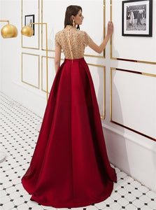 A Line Satin High Neck Sweep Train Prom Dresses 