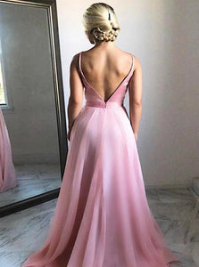 Spaghetti Straps V Neck Simple Flowy Pink Prom Dresses with Slit