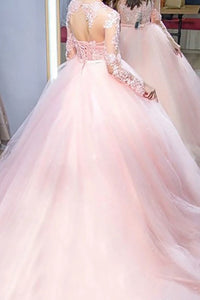 Pink Ball Gown Jewel Long Sleeves Lace Tulle Lace Up Prom Dresses LBQ0055