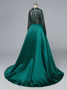 Chic Appliqued Sheath Evening Dress with Overskirt and Long Sleeve