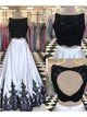 Two Pieces Lace Satin Open Back Floor Length Prom Dresses 