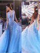 Ball Gown Tulle Blue Prom Dresses With Applique Sweep Train Detachable