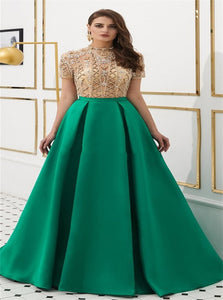 A Line Satin High Neck Zipper Up Green Prom Dresses 