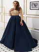 A Line Satin High Neck Blue Prom Dresses 