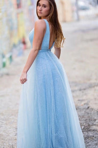 A Line Light Blue Floor Length Prom Dress with Deep V Neck Sleeveless GJS021