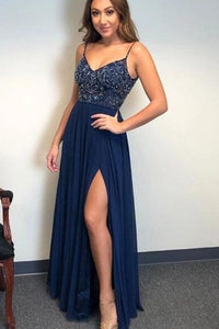 A Line Spaghetti Straps Sleeveless Beaded Long Prom Dress with Split ZXS1033
