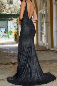 Attractive Floor-Length Deep V neck Mermaid Prom Dress With Sequins GJS450