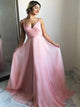 Pink Spaghetti Straps V Neck Simple Flowy Pink Prom Dresses