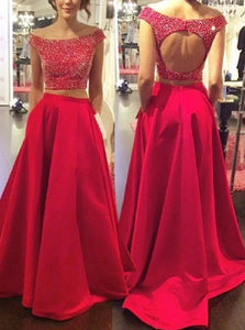 Luxurious Two Piece Red Satin Off-the-Shoulder Open Back  Prom Dress with Beading