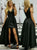 A Line V Neck Asymmetrical Black Satin Open Back Prom Dresses with Pleats