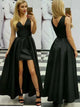 A Line V Neck Asymmetrical Black Satin Open Back Prom Dresses with Pleats
