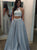 Two Pieces Satin Halter Backless Beaded Silver Prom Dresses