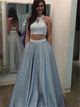 Two Pieces Satin Halter Backless Beaded Silver Prom Dresses