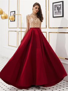 A Line Satin High Neck Beadings 1/4 Sleeves Red Prom Dresses 