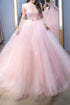 Pink Ball Gown Jewel Lace Up Long Sleeves Lace Tulle Prom Dresses LBQ0055