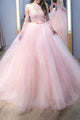 Elegant Pink Ball Gown Jewel Long Sleeves Lace Tulle Evening Dresses LBQ0055