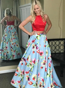 Beautiful Two Piece Red Square Neck Spaghetti Strap Back Blue Floral Satin Floor Length Prom Dress