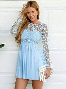 A Line Blue Bateau Chiffon Homecoming Dress with Lace Long Sleeves
