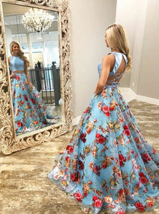 Two Piece A Line Floral Blue Round Neck Lace Up Back Satin Floor Length Prom Dress LBQ0020