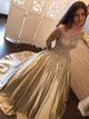 Ball Gown Scalloped Champagne Satin Sweep Train Prom Dress with Lace Long Sleeves
