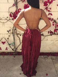 A Line V Neck Backless Lace Spaghetti Straps Chiffon Prom Dresses