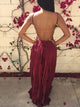A Line V Neck Backless Lace Spaghetti Straps Chiffon Prom Dresses