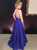 A Line V Neck Criss Cross Floor Length Royal Blue Satin Prom Dresses