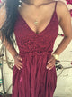 Dark Red V Neck Backless Lace Spaghetti Straps Prom Dresses