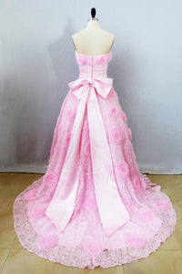 Chic Pink Ball Gown Lace Sweetheart Bow Knot Prom Dress