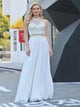 A Line Rhinestones Chiffon Scoop Prom Dresses with Sweep Train LBQ0275